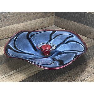 Large Art Glass Bowl 12.5" Black Gray Red Flower in Center Wire for Wall Art